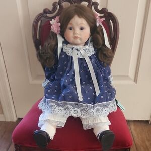 Classic Navy Lace-Trim Porcelain Kids Doll with Pink Hair Bows